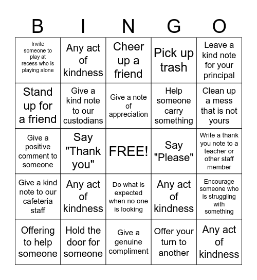Random Acts of Kindness for a Week Bingo Card