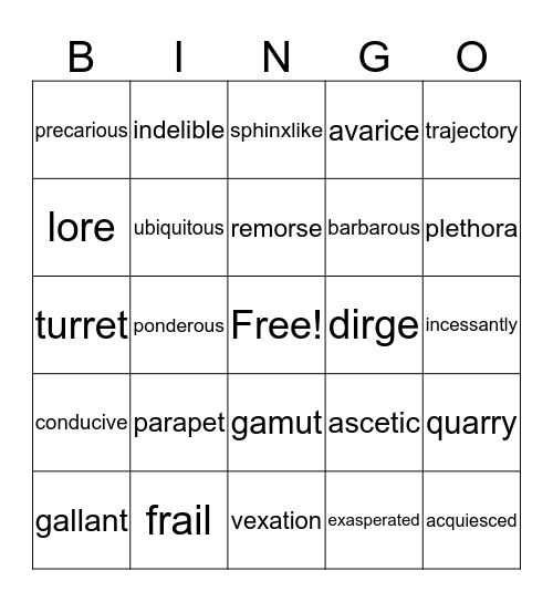 Word Wall Bingo: English 9 (Hetzel/Wanta) Bingo Card