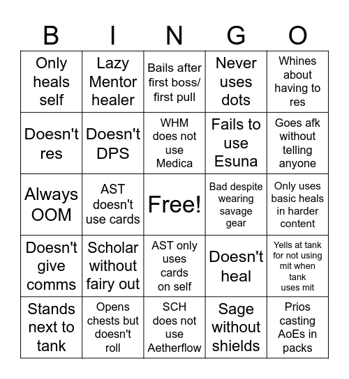Shitty FFXIV Healer Bingo Card
