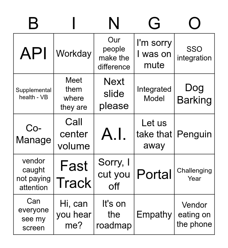 Vendor Meeting Bingo Card