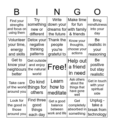 Action for Happiness Bingo Card