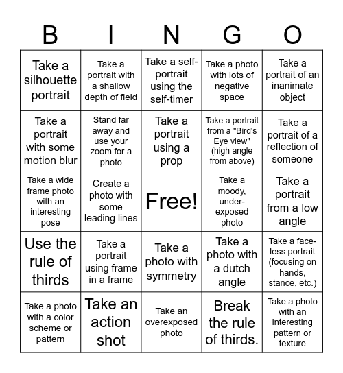 Photography bingo Card