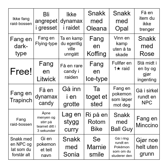 Pokemon Sword and Shield bingo Card