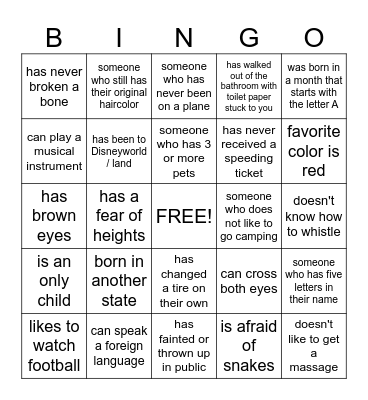 GET TO KNOW YOU - make sure to write the name of the person who fits the description!! Bingo Card