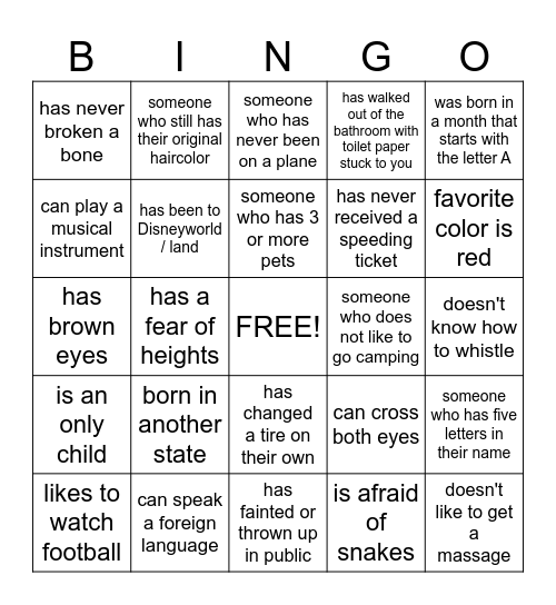 GET TO KNOW YOU - make sure to write the name of the person who fits the description!! Bingo Card