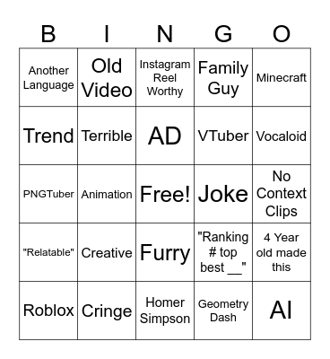 Youtube Shorts Bingo Card