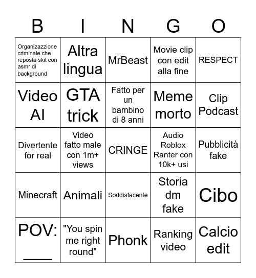 BINGO YT SHORTS Bingo Card