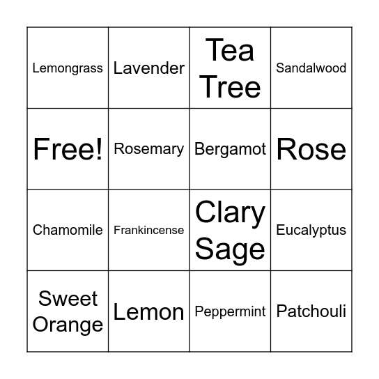 Aromatherapy Bingo Card