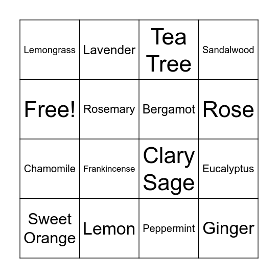 Aromatherapy Bingo Card