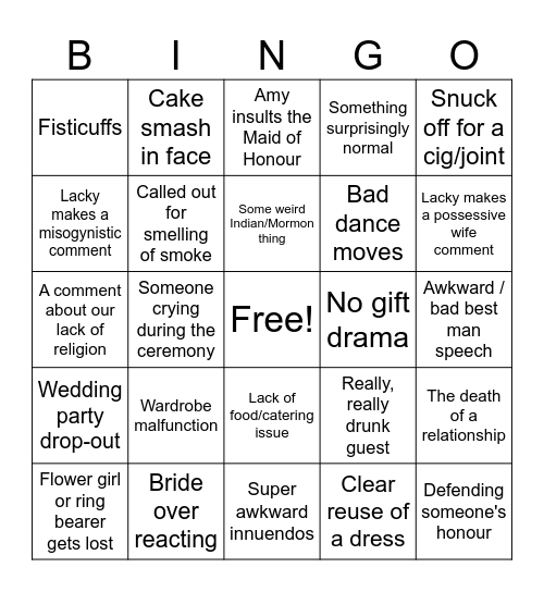 Wedding Bingo - Because we are terrible people Bingo Card