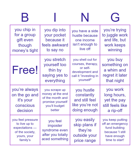 adulthood bingo game Bingo Card
