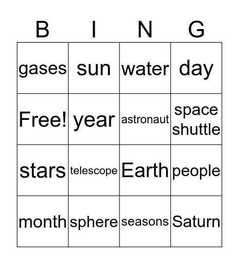 Solar System Bingo Card