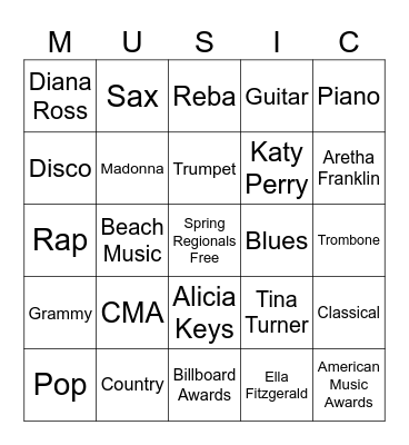 MUSIC GENRE BINGO Card