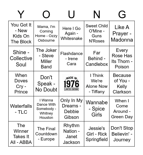 Young Kris Bingo Card