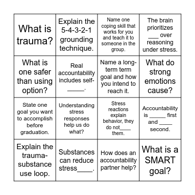Trauma intro Bingo Card