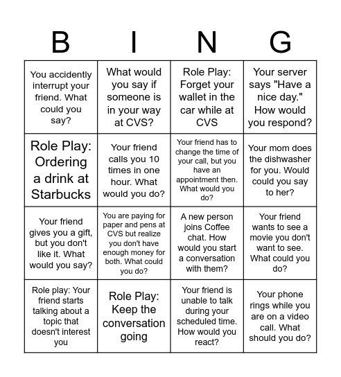Social Skills Bingo Card