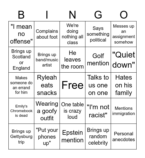 1st Period (Scoggins) Bingo Card