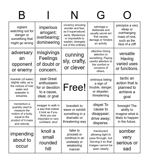 Vocabulary #1-4 Bingo Card