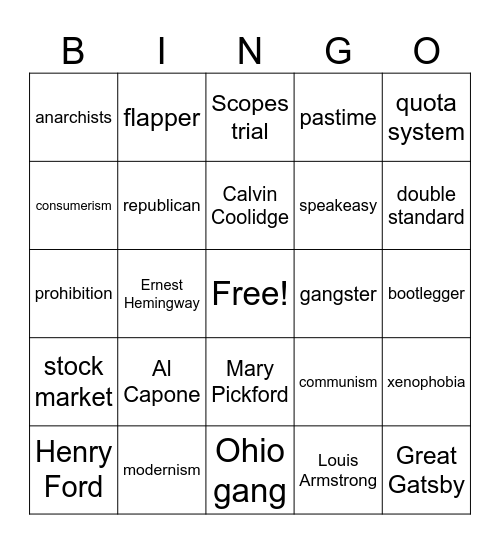 Roaring 20s Bingo Card
