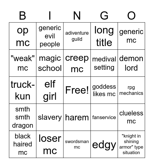 isekai bingo Card