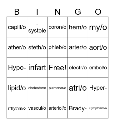 Medical Terminology Cardiovascular System Bingo Card
