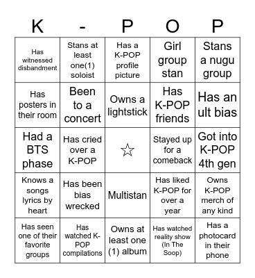 K-POP Club Bingo Card