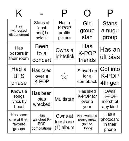 K-POP Club Bingo Card