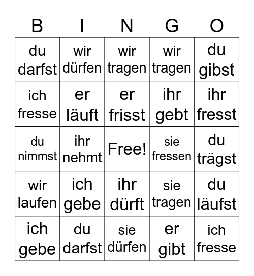 Unregelmäßige Verben Bingo Card