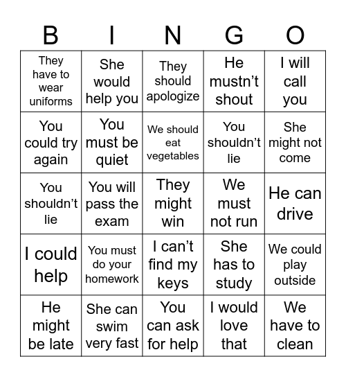 model verds bingo Card