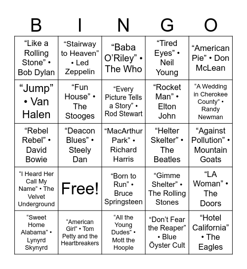 Rock The Ages Bingo Card