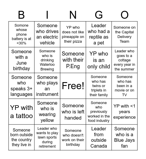Young Professional Workshop Bingo Card