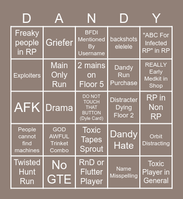 DANDYS WORLD BINGO Card