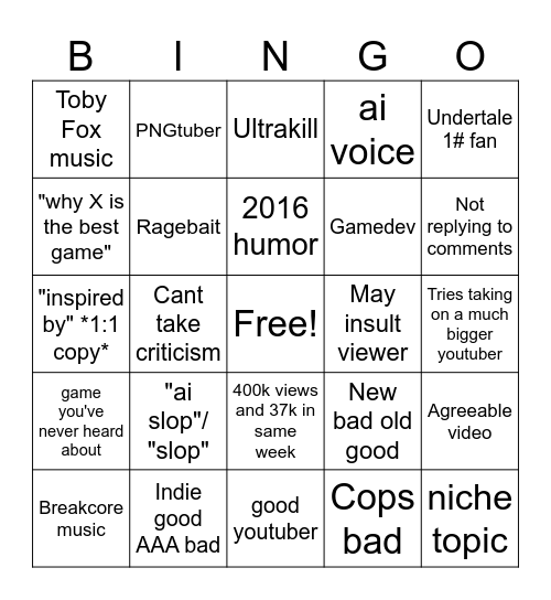 niche youtuber Bingo Card