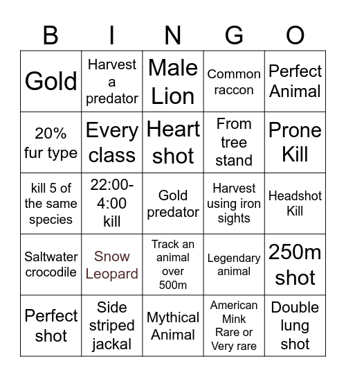 TheHunterCOTW Bingo Card