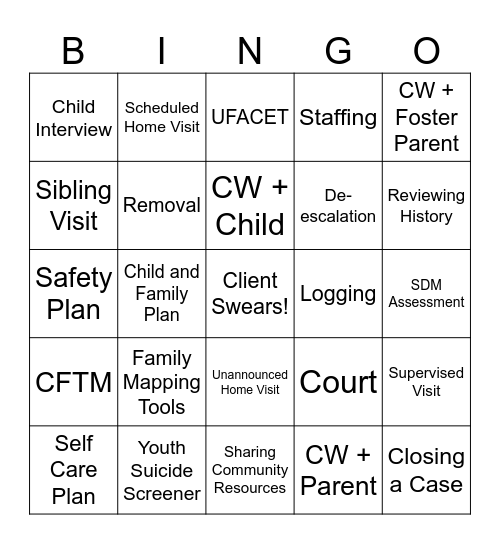 DCFS Bingo Card