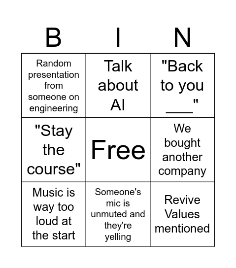 Revive Town Hall Meeting Bingo Card