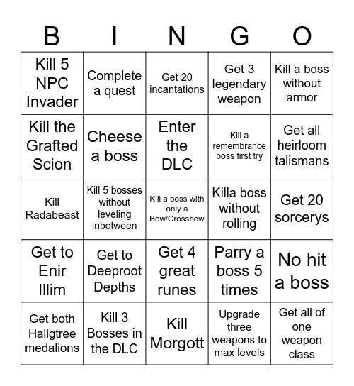 Elden ring Bingo Card