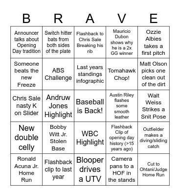Braves Opening Day BINGO Card