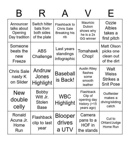 Braves Opening Day BINGO Card