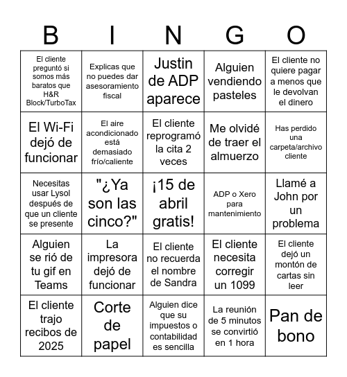 Tax Season Bingo Card