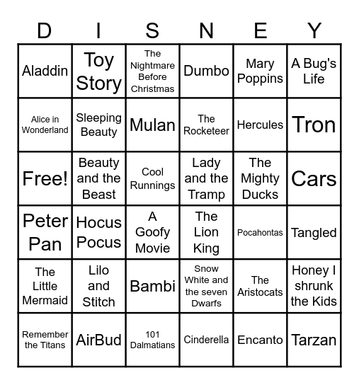 Disney Movies Bingo Card