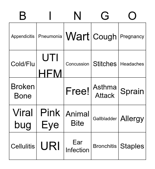Urgent Care Bingo Card
