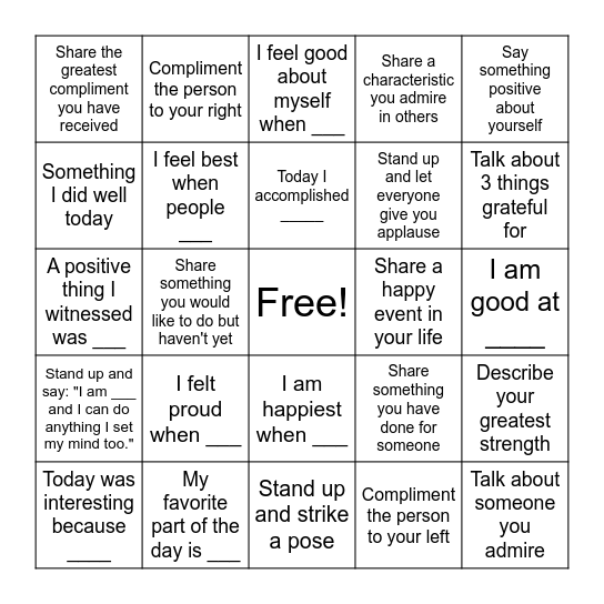 Self Esteem Bingo Card