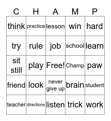 School of Champions Bingo Card