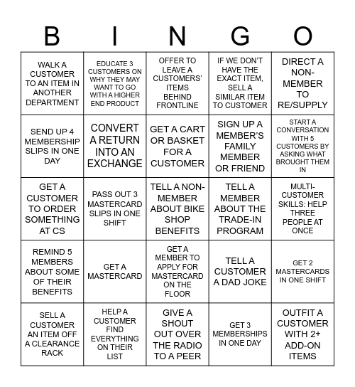 Sales Floor Bingo Card