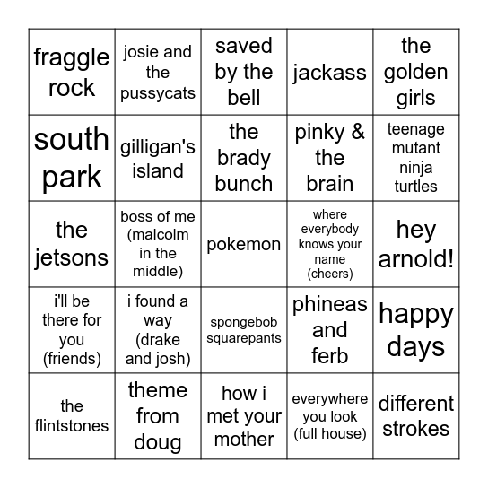 TV Theme Songs Bingo Card