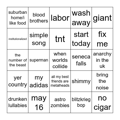 Tony Hawk Soundtrack Bingo Card