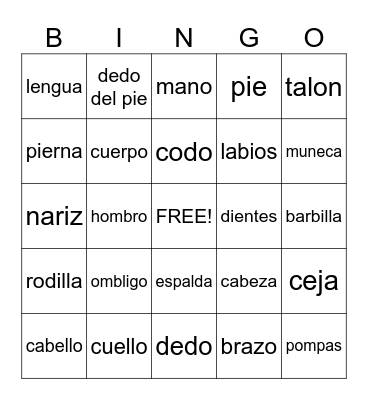 Body parts in Spanish Bingo Card