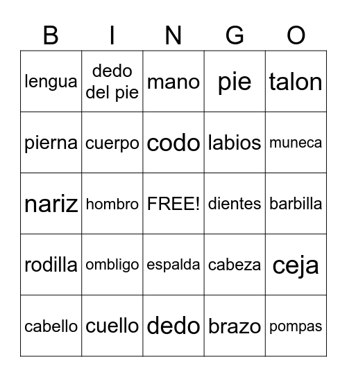 Body parts in Spanish Bingo Card