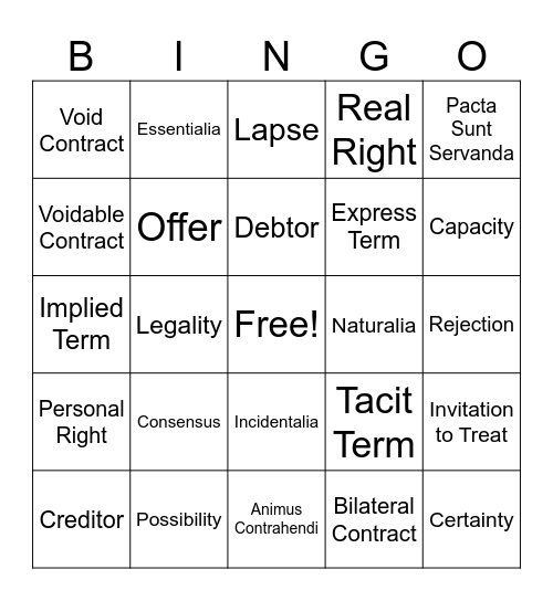 Law of Contract Terms Bingo Card